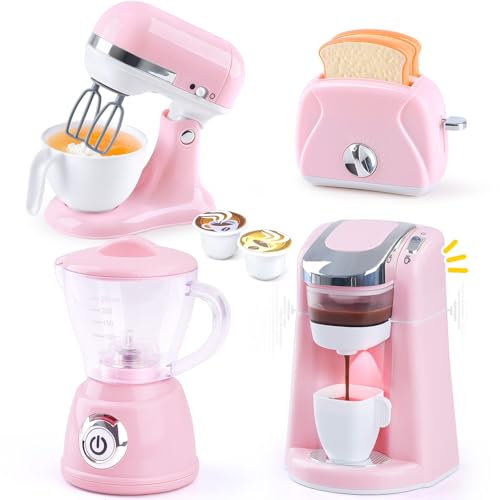 PLAY Accesorios Cocina Juguetes, Set de Utensilios Cocina Juguete con Cafetera Juguete, Batidora, Licuadora y Tostadora con Luces y Sonidos Realistas, Set Cocina Juguete para Niños 3+ (Rosa)