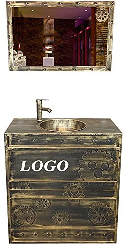 GLJTUO Mueble De Tocador De Estilo Industrial con Lavabo, Mueble De Lavabo Moderno con Grifo Y Desagüe, Mueble De Almacenamiento para Baño Independiente Debajo del Fregadero, 3(Bronze with Mirror)