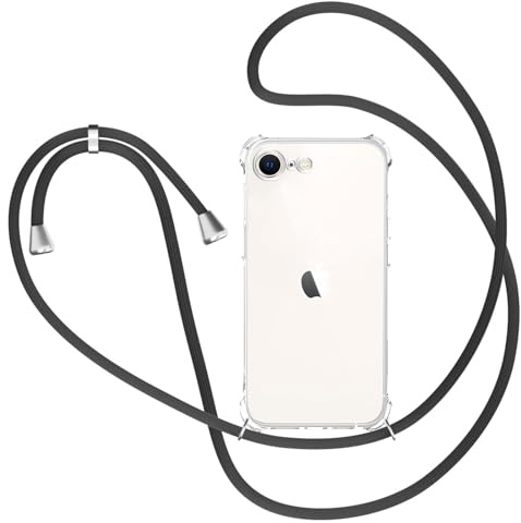 XTCASE Handykette Hülle für iPhone 17e / iPhone 16e mit Band, Transparent Weicher Silikon Handyhülle mit Kette Stossfest Kratzfest Schutzhülle, Schnur mit Case zum Umhängen in Schwarz