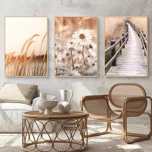 Uixxducc 3er Boho Poster Set Ästhetik Beach Landschaft Bilder Set, Beige Reed Pampas Wandbilder Wohnzimmer, Schöne Leinwandbild Wanddeko für Schlafzimmer ohne Rahmen (50x70cm,C)