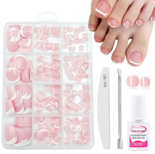 French False Toenails - 240Pcs French Tip Toe Nails Square - Short Press On Toe Nails Kit - Nude Color Fake Nails With Glue - Full Cover Stick On Nail For Women Nail Art Decorations