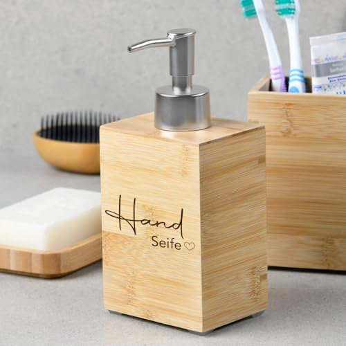 Seifenspender aus Bambus mit Gravur – Motiv Handseife – nachfüllbarer Seifenspender mit Innenbehälter – FSC-Zertifiziert – nachhaltiges Bad-Accessoire aus Holz