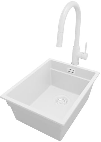 PRIMAGRAN Fregadero Granito Todo Blanco 36x47cm, Fregadero Cocina 1 Seno + Sifón + Grifo 40x20cm, Fregadero Granito sobre encimera al mueble 40cm - Prague Slim