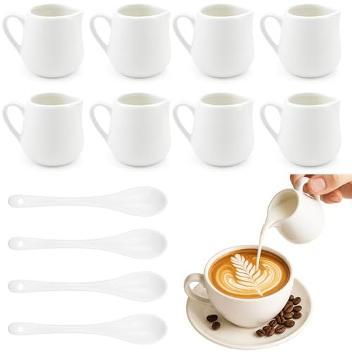 Prebarfun 8 PCS Small Milk Jug, 90ml White Milk Jug Ceramic with Handle & 4 Spoons, Small Gravy Pots Individual for Ceramic, Coffee, Sauces, Gravies, Dressings - Ovens & Dishwash Safe