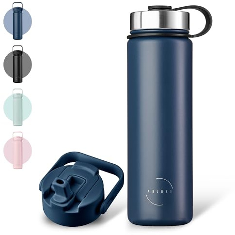 Abjoki Edelstahl Trinkflasche 710ml „Neo“ - auslaufsicher, BPA-frei, LFGB-Zertifiziert - mit 2 Deckel - Thermosflasche mit Strohhalm für Sport & Outdoor - Dark Blue