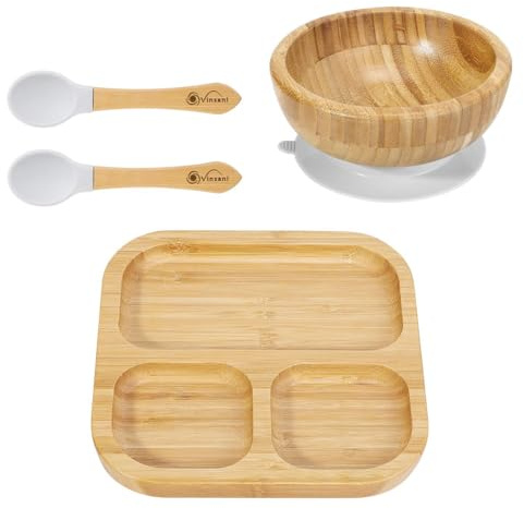 Vinsani Baby Bamboo Weaning Set, Suction Plate, Bowl & Spoon for Toddler | Food-Grade Silicone Baby Feeding Set, Non-Slip Base Bowl, BPA-Free Wooden Dinnerware for Kids - Grey