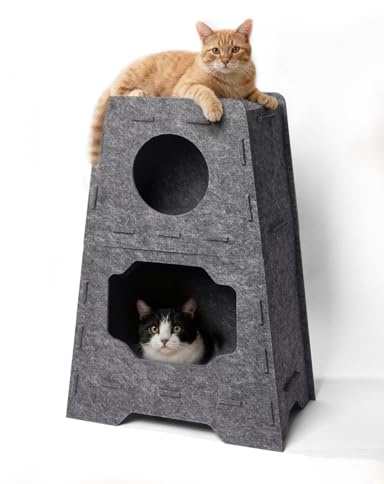 Pawtasy Katzenhöhle 3 Ebenen - Stabiler Katzenturm aus Filz für Mehrkatzenhaushalte Trapezform bis 12kg Belastbar Katzenhaus mit 2 Kuschelhöhlen & Aussichtspunkt Modernes Design 50 x 31 x 73 cm Grau