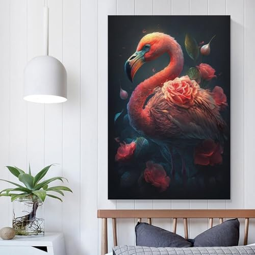 POLIUAWS Blumen-Flamingo-Kunstwerk für die Wand, Wandbild für Teenager-Jungenzimmer, 24 x 36 Zoll (60 x 90 cm)