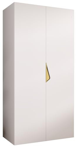 MEBLE KRYSPOL - Kleiderschrank - Garderobenschrank - 100 cm x 202 x 52 cm - Schrank mit Kleiderstange, 2 Türen - für Schlafzimmer, Flur - SANDI, Weiß, Griff Gold