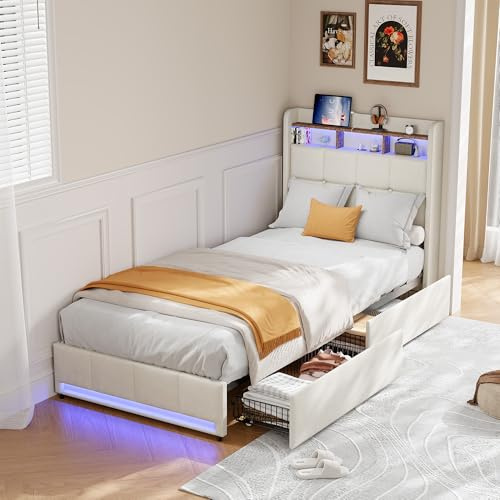 BPKADHY Polsterbett 90×200 cm,LED Einzelbett mit 2 Schubladen und Lattenrost,Kopfteil mit stauraum und USB,Bett Funktionsbett Stauraumbetten Jugendbett Rückenlehne Bettgestell,Leinen,Beige