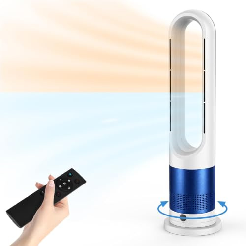 MoraRise Bladeless Tower Fan Heater, Hot and Cold Fan with Remote Control, 80° Oscillating Space Heater for Home Bedroom Office, Portable Air Cooler, Quiet Cooling & Heating (Navy Blue)