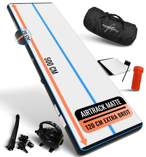 AthleticPro Airtrack Matte [3m/4m/5m Lang] - 120cm Extra Breit - 10/20cm Höhe - Aufblasbare Turnmatte für Bodenturnen & Akrobatik inkl. elektrischer Pumpe, Reparaturset & Tasche
