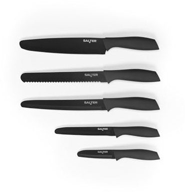 Salter ProtecTip Knife Set, 5 Piece, Rounded Blade Edges | Non-Stick Coated Blades, Soft-Touch Ergonomic Handles, Includes Chef Bread Carving Utility Paring Knives, Black Finish
