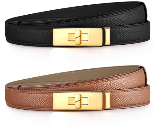 Schmaler Gürtel Damen Ledergürtel Damen Gürtel Schwarz, Damengürtel für Hosen Kleider Taillengürtel Braun Ledergürtel, Taillengürtel für Jeans Leder 2 Stück Damengürtel 53-92CM Twist Lock Gold