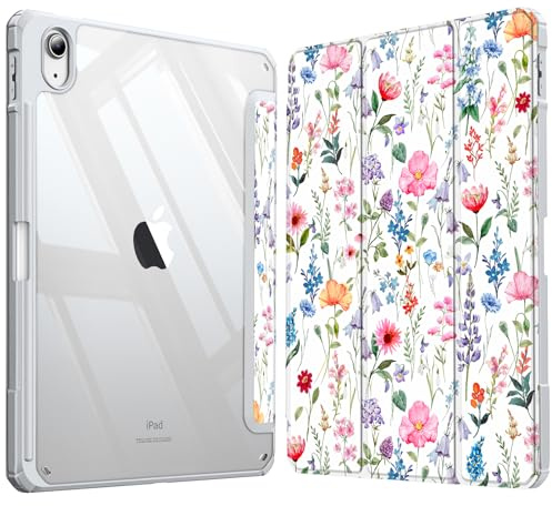 FINTIE Coque pour iPad (A16) 11e Gén 11 2025 / iPad 10e Gén 10.9 2022 | Housse Arrière Transparente Claire avec Porte-Stylet, Housse Bord Antichoc en TPU, Fleur Blanche Fantaisie