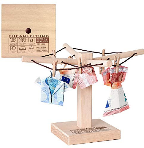 Casa Vivente Geldgeschenk zur Hochzeit: Gravierte Geldwäschespinne mit Eheanleitung, Hochzeitsgeschenk für das Brautpaar, Holz Fotohalter mit Klammern, Mini Wäscheständer als Geld-Geschenk Verpackung