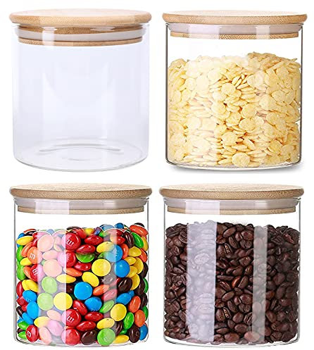 Lawei 4 Pack Glass Storage Jars with Sealed Bamboo Lids - 550ml Clear Glass Bulk Food Storage Canister for Serving Tea Coffee Spice Candy Cookie