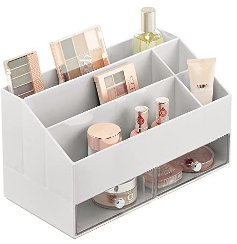 mDesign Kosmetik Organizer – Aufbewahrungsbox mit 5 Fächern und 2 Schubladen für Make-up, Nagellack und Beautyprodukte – die ideale Schminkaufbewahrung – hellgrau und durchsichtig
