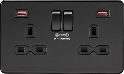 Knightsbridge SFR9908MBB Screwless Twin Switched Socket with Dual Fastcharge USB A+A Ports in Matt Black