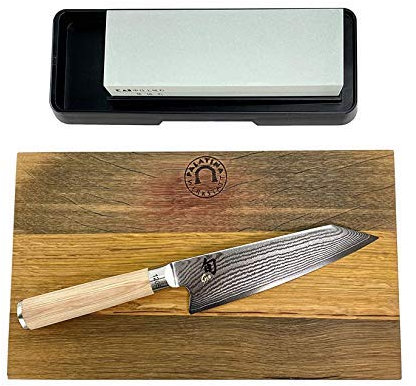 limitiertes Kai Shun Classic White Kiritsuke DM-0777W, Kochmesser + handgefertigtes Fassholzbrett 30x 18 cm + KAI Schleifstein AP-0305