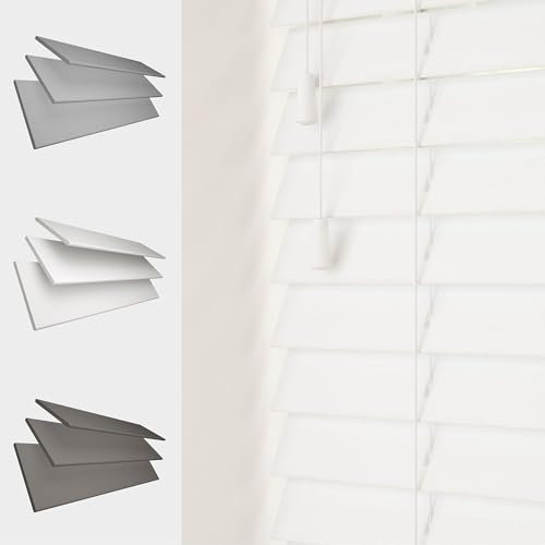 Dark Grey Real Natural Wood Wooden Venetian Window Blind Matching String Finish 50mm Slats Home Office Bedroom 90cm Width x 120cm Drop