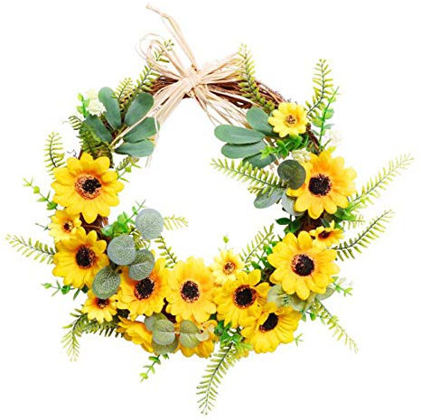 MISNODE Couronne de tournesol artificielle de 45 cm, couronne florale à suspendre à la porte d'entrée, guirlande de fleurs jaune en soie, fausse soie pour le printemps et l'été