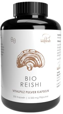 Pilze Wohlrab - Reishi Kapseln Bio Pulver - 200 Stück à 500 mg reines Reishi Pulver je Kapsel, Höchste Bio-Qualität - 1 Dose - Nahrungsergänzungsmittel