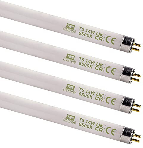 TBE Lighting T5 - Lámparas de tubo fluorescente de 14 W, 549 mm, bombillas CFL, G5 de 2 pines, lámparas de alta eficiencia T5, luz de día blanca 6500 K (paquete de 4)
