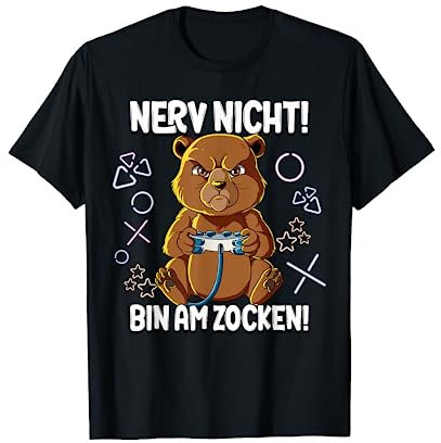 Zocker Gamer Geschenke Lustig - Herren Gaming-T-Shirt Schwarz S - Cartoon Bär mit Gaming Controller - Klassisch geschnitten, Kurzarm, Rundhals-Ausschnitt, Unisex, EU Klein