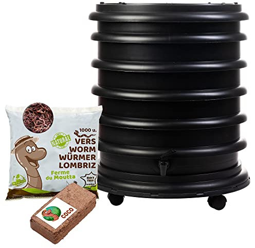 WORMbox | Lombricomposteur 4 Plateaux Noir + 500gr de vers de Compost + 1 Bloc Coco | 64 litres | Compostez Vos déchets organiques, Les vers de Terre/lombrics produisent du lombricompost