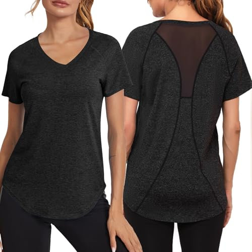 Wayleb Sport Tshirts Damen Kurzarm Funktionsshirt Laufshirt Leicht Atmungsaktiv Sportshirt Back Mesh Schnell Trocken T-Shirt Oberteil Shortsleeve Gym Tops, schwarz XL