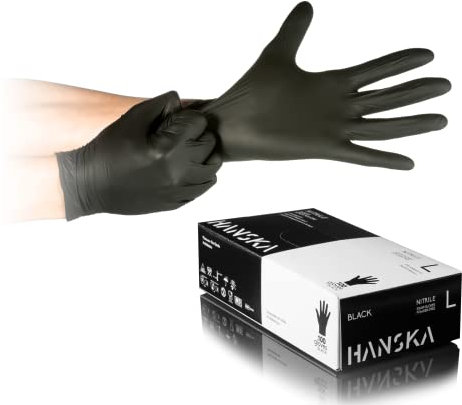 HANSKA 1000 Guanti Monouso Nitrile Neri - Senza Polvere - Usa e Getta- Ambidestri - Non Sterili - Base di Gomma - Adatti per Ambiti Medici, Manipolazione degli Alimenti (1000, L)