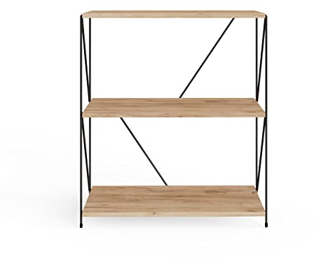 TAD TIMBER ART DESIGN UK Leyo 3 Tier Bookcase Display Bookshelf Industrial Style Metal Frame Bookcase Shelving Storage Rack Organizer Shelf Unit for Home Office - Oak