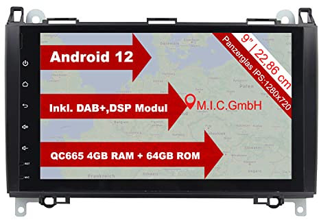 M.I.C. AB9 Android 13 Autoradio mit navi Qualcomm Snapdragon 665 4G+64G Ersatz für Mercedes Benz A-Klasse W169 B-Klasse W245 Viano Vito W639 Sprinter VW Crafter : SIM DAB+ BT 5.0 9 IPS Panzerglas
