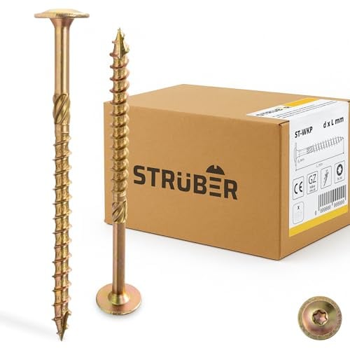 STRÜBER Tellerkopfschrauben mit Torx-Antrieb 8,0 x 320 mm, 50 Stück | Holzschrauben für Dachkonstruktionen, Gelb verzinkt, Konstruktionsschrauben, Sparrenschrauben, TX-Buchse, inklusive TX-Bit