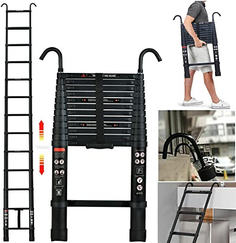 Telescopic Step Ladders 13 Step Aluminium Folding Ladder 3.8M, Extension Ladders Extendable Tall Loft Ladder with Roof Hook Kit, Portable DIY Multi-Purpose Collapsible Climb Home Stair Work Ladder