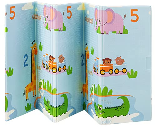 Juskys Kinder Spielmatte Stella 180x200 cm Tiere - XXL Matte für Babys - Schaumstoff Spielteppich faltbar, Soft & wendbar - Boden - Krabbelmatte Blau