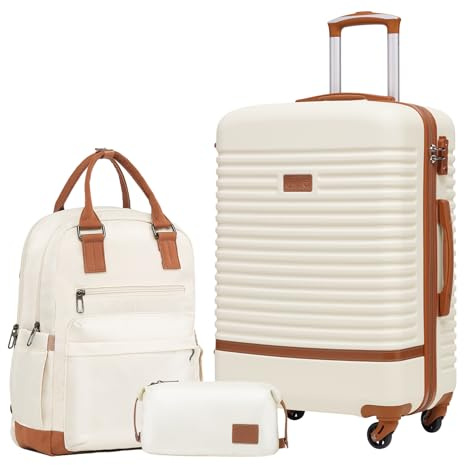 COOLIFE Set de Valise 3 Pièces, 24 Valise Moyenne pour Moyen Voyages | Set Valise avec Sac à Dos et Trousse Toilette, Serrure TSA, Roulettes Pivotantes à 360°, Poignée Télescopique (Blanc/Marron)