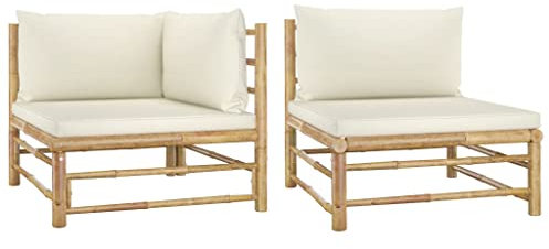 FIRBNUS 2-TLG. Garten-Lounge-Set mit Kissen Cremeweiß Bambus Balkonmöbel Set Garten Loungemöbel Set Gartensofa Balkon Lounge Sofa Outdoor Garten Möbelsets Balcony Set Sofa Set Gartenmöbel Set