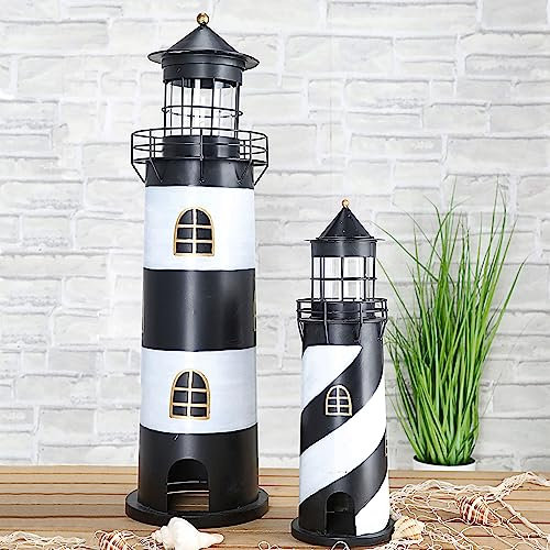 Leuchtturm 2er Set │ schwarz weiß S:15,4x46cm L:21,5x73cm Metall Glas │ Windlicht Kerze Leuchtfeuer (1 x 2er Set Windlicht Leuchturm schwarz)