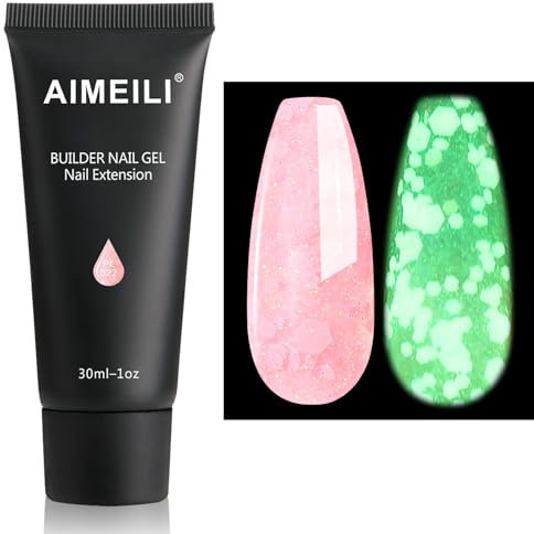 AIMEILI Extention Gel pour Ongles Fluo, Paillettes Glow in Dark Builder Construction Gel 30ml Faux Ongles Quick Building UV LED Vernis Semi Permanent Rose 022