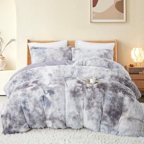 Freyamy Plüsch Bettwäsche 200x200cm Grau Langhaar Kunstfell Flauschig Winterbettwäsche Flanell Samt Biber Warme Deckenbezug Cashmere Touch Bettbezug mit Reißverschluss und 2 Kissenbezug 80x80cm