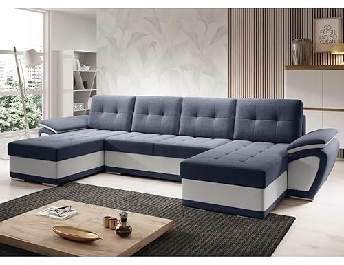 Easy4You ENZO Marineblau/Weiß Eco-Leder Ecksofa U-Form 336 x 97 x 157 cm mit Schlaffunktion und Stauraum - Schlafsofa mit Bettkasten - Moderne Wohnzimmermöbel – Stoff: SORO 76 + Soft 17