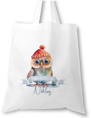 timalo® Große Einkaufstasche Stoffbeutel personalisiert mit Namen Geschenk Weihnachten für Kinder. Männer und Frauen | Eule