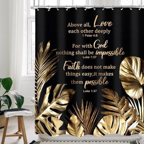 Cinbloo Black and Gold Shower Curtain 60Wx72H Christian Tropical Palm Leaves Quotes Bathroom Curtain Modern Scriptures Bible Verse Bath Curtain Fabric Aesthetic Monstera Bathroom Decor with 12 Hooks