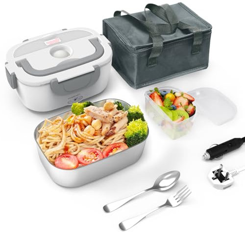 homeasy Electric Lunch Box, 80W 3 in 1 Food Heater Warmer 1.5L Removable Food-Grade Stainless Steel Container Portable for Car, Office, School and Home Use 220V/12V/24V (Grey with Bag)