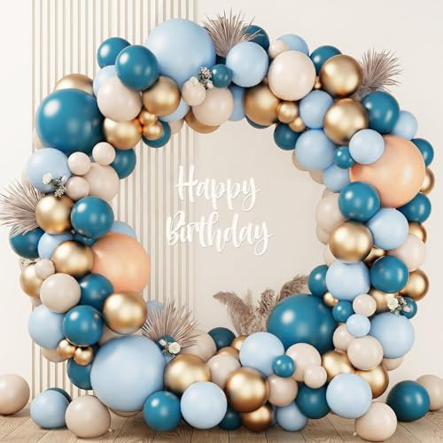 Balloon Arch Kit Junge Blau Beige Gold, 143pcs Ballon Girlande Set Meeresblau Beige Gold, Hellblau Sand Weiße Gold Ballonbogen für Babyparty, Gender Reveal Party Deko, Geburtstag, Kommunion