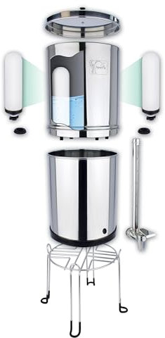 NEWTON Système de filtre à eau par gravité de qualité supérieure avec élimination des métaux lourds | Système de 6 L avec 2 filtres, support en acier inoxydable et robinet en verre-regard