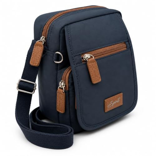 Spirit - Nylon Splash Resistant Crossbody Bag - Unisex Lightweight Travel Bag with Multiple Sections and Adjustable Strap - Navy and Tan, Small Size