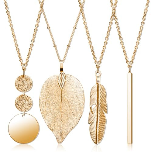 Long Necklaces for Women,4 PCS Boho Style Pendant Necklace Costume Jewellery Golden Bar Feather Circle Leaf Lock Tassel Y Necklace Jewelry Set Simple Statement Necklace for Sweater, Gifts for Girls